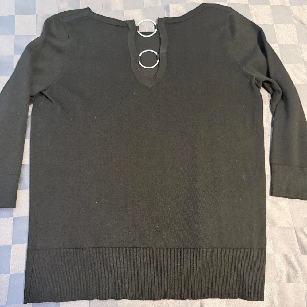Cable & Gauge Black Knit Sweater Top Medium Silver O-Ring Back 3/4 Sleeve